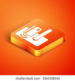 Isometric Digital door lock with wireless technology for unlock icon isolated on orange background. Door handle sign. Security smart home.  Vector Illustration