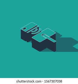 Isometric Digital door lock with wireless technology for unlock icon isolated on green background. Door handle sign. Security smart home.  Vector Illustration