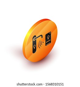Isometric Digital door lock with wireless technology for unlock icon isolated on white background. Door handle sign. Security smart home. Orange circle button. Vector Illustration