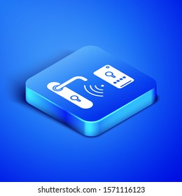 Isometric Digital door lock with wireless technology for unlock icon isolated on blue background. Door handle sign. Security smart home. Blue square button. Vector Illustration