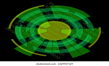 Isometric digital eye with numbers isolated on black background. Circular clipart. Vector.