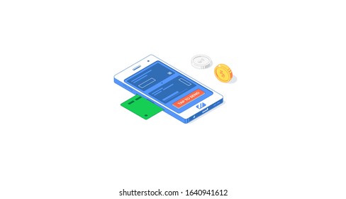 Isometric digital finance mobile application. Vector illustration of card, golden and silver coins with phone, interface and button isolated on white background. Flat design payment app concept