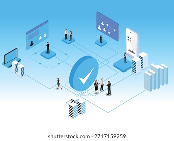 Verificación isométrica de identidad digital y concepto de seguridad de red global Ilustración vectorial 3d