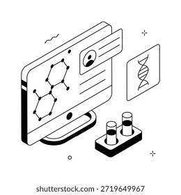 Interfaz digital isométrica que muestra el análisis de ADN y la visualización de la investigación biomédica.