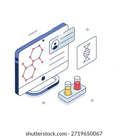 Interfaz digital isométrica que muestra el análisis de ADN y la visualización de la investigación biomédica.