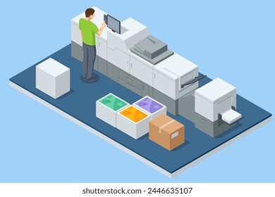 Isometric digital laser printer, Large format printing machine in operation. Printing house polygraphy industry