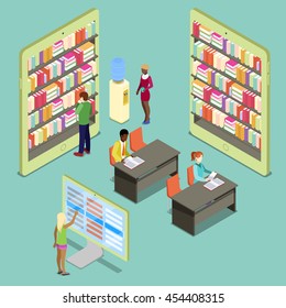 Isometric Digital Library with Bookshelves and Reading People. Vector illustration