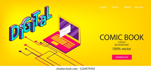 Isometric digital mail send banner business flat site background. Header vector design. Open laptop screen 3d comic text pop art phrase. Creative font. Yellow color. Send mail services concept.