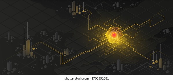 Isometric digital map showing international infection transmission. The spread of the digital virus in the city