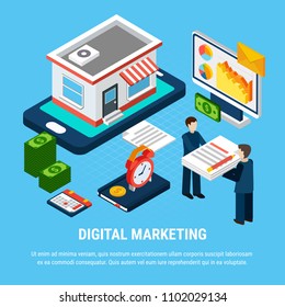 Isometric digital marketing concept with shop building computer papers and two people 3d vector illustration