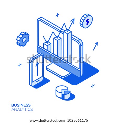 Isometric digital marketing line style design concept