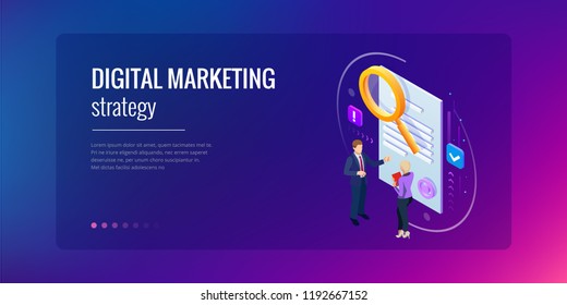 Isometric digital marketing strategy concept. Online business, internet marketing idea, office and finance objects, search engine optimisation, SEO, SMM, advertising. Vector illustration