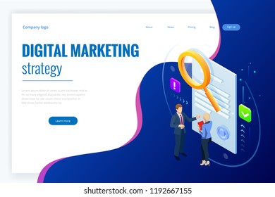 Isometric digital marketing strategy concept. Online business, internet marketing idea, office and finance objects, search engine optimisation, SEO, SMM, advertising. Vector illustration