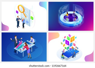 Isometric digital marketing strategy concept. Online business, internet marketing idea, office and finance objects, search engine optimisation, SEO, SMM, advertising. Vector illustration