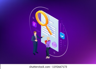 Isometric digital marketing strategy concept. Online business, internet marketing idea, office and finance objects, search engine optimisation, SEO, SMM, advertising. Vector illustration