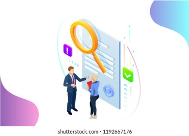 Isometric digital marketing strategy concept. Online business, internet marketing idea, office and finance objects, search engine optimisation, SEO, SMM, advertising. Vector illustration