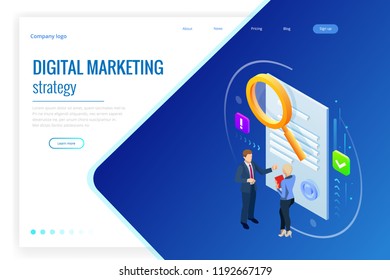 Isometric digital marketing strategy concept. Online business, internet marketing idea, office and finance objects, search engine optimisation, SEO, SMM, advertising. Vector illustration