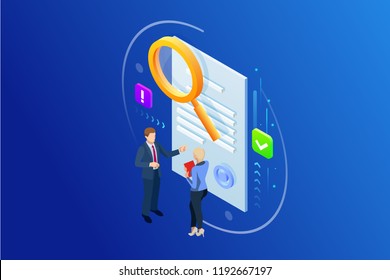 Isometric digital marketing strategy concept. Online business, internet marketing idea, office and finance objects, search engine optimisation, SEO, SMM, advertising. Vector illustration