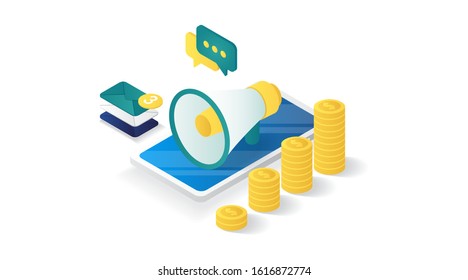 Isometric of digital marketing strategy. Digital marketing, digital technologies concept. Vector 3d isometric illustration. perfect for website and apps