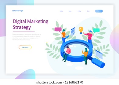 Isometric Digital marketing strategy web banner concept. Analysis data cloud and Investment landing page. Media Technology.