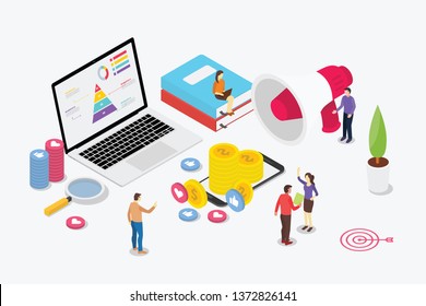 isometric digital marketing team with business people and laptop with some money and social media icon - vector illustration