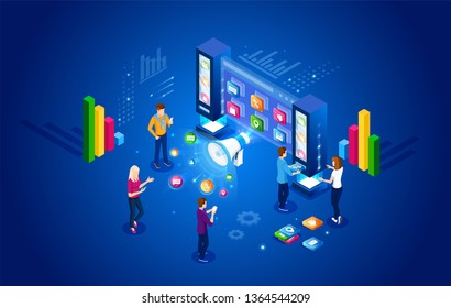 Isometric digital marketing. Vector illustration. Business concept of modern advertising. Online start-up project. Concept business strategy. Financial graphs or diagrams, information data statistic.
