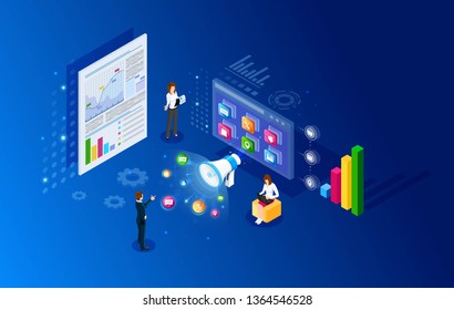 Isometric digital marketing. Vector illustration. Business concept of modern advertising. Online start-up project. Concept business strategy. Financial graphs or diagrams, information data statistic.