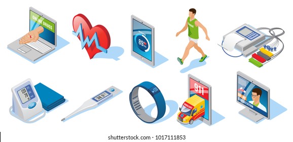 Isometric digital medicine set with applications for health monitoring cardio training electronic thermometer smart bracelet online consultation isolated vector illustration   