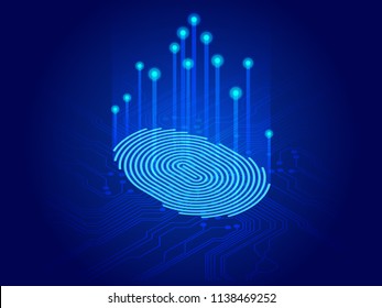 Isometric digital modern identify and measuring the bright fingerprint on the digital surface. Future of security, password control through fingerprints in immersive technology future and cybernetic