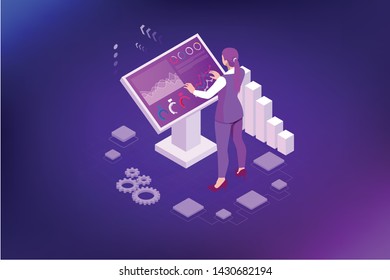 Isometric digital monitor with infographics. Female standing at the big display. Concept of business assistance. Interactive Information Kiosk, Advertising Display, Terminal Stand