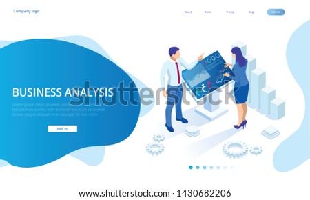 Isometric digital monitor with infographics. Female standing at the big display. Concept of business assistance. Interactive Information Kiosk, Advertising Display, Terminal Stand