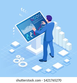 Isometric digital monitor with infographics. Male standing at the big display. Concept of business assistance. Interactive Information Kiosk, Advertising Display, Terminal Stand