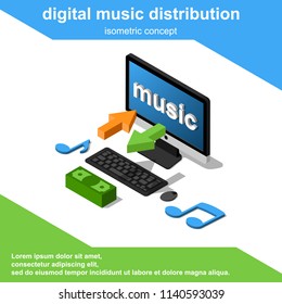 Isometric digital music distribution concept vector illustration. E-commerce icon.