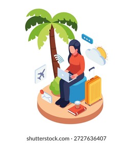 Nómada digital isométrico trabajando con el ordenador portátil mientras viaja. Trabajo remoto y concepto de viaje