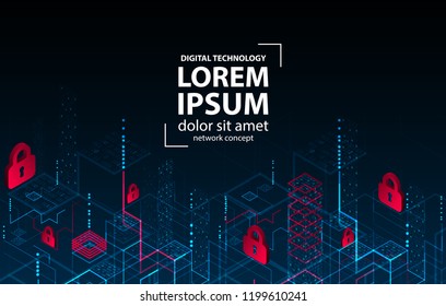  Isometric digital padlock. Abstract technology background. Vector illustration