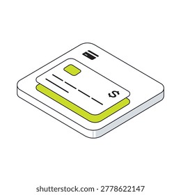 Isometric digital payment card icon for online banking and SaaS. Minimalist isometric illustration of a credit card on a platform with lime green accents, representing digital finance, e-commerce, and SaaS payment solutions.