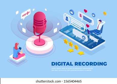 Isometric digital recording and digital sound wave concept. Musical melody design. Soundwave audio music. Voice message or recording voice.