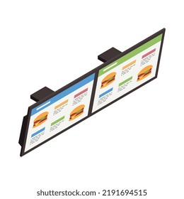 Pantalla digital isométrica con menú de restaurante de comida rápida sobre fondo blanco 3d ilustración vectorial