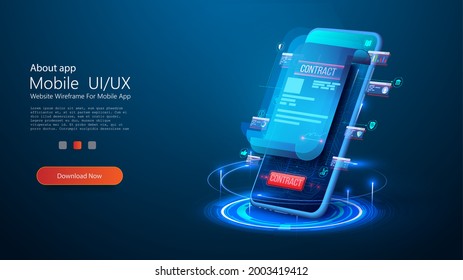 Isometric digital signature concept with phone and pen. Mobile document manager or e-signature business concept vector isometric illustration. Blockchain or Smart Contract landing page design.