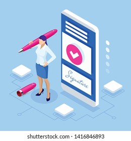 Isometric digital signature concept with tablet and pen. Woman Hands signing Digital signature on tablet.