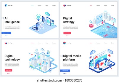 Isometric digital social media technology vector illustration. Cartoon 3d mobile website design template set, concept banners with business service platform for storage and analysis of data mediafiles