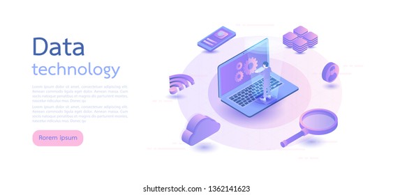 Isometric digital technology. Big data, cloud information storage, global transferring technology. web design, banner and presentation. Isometric vector illustration.