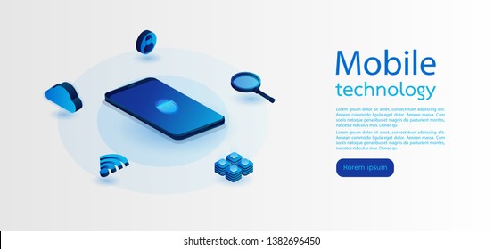 Isometric digital technology. Big data, cloud information storage, global transferring technology. web design, banner and presentation. Isometric vector illustration.