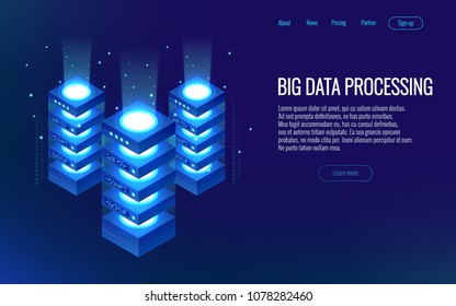 Isometric digital technology web banner. Analysis and Information. Big data access storage distribution information management and analysis.