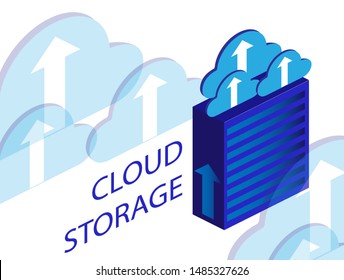 Isometric digital technology web banner. 3d cloud storage for marketing design. Data management. Banner, poster template.