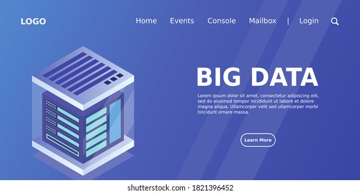 Banner web de tecnología digital isométrica. GRANDES Algoritmos de aprendizaje automático de datos. Análisis e información. Administración y Análisis de la Información de Distribución de Almacenamiento de Información de Big Data Access.