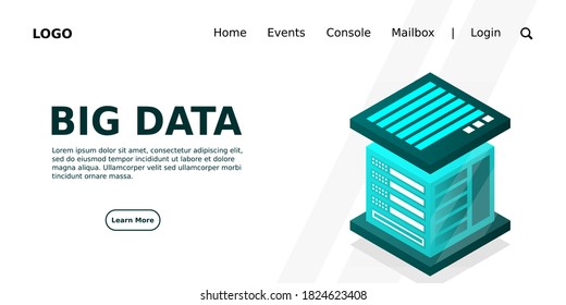 Banner web de tecnología digital isométrica. GRANDES Algoritmos de aprendizaje automático de datos. Análisis e información. Administración y Análisis de la Información de Distribución de Almacenamiento de Información de Big Data Access.