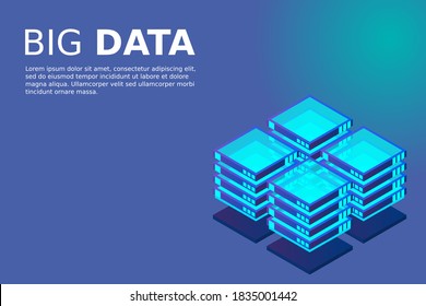 Banner web de tecnología digital isométrica. GRANDES Algoritmos de aprendizaje automático de datos. Análisis e información. Administración y Análisis de la Información de Distribución de Almacenamiento de Información de Big Data Access.