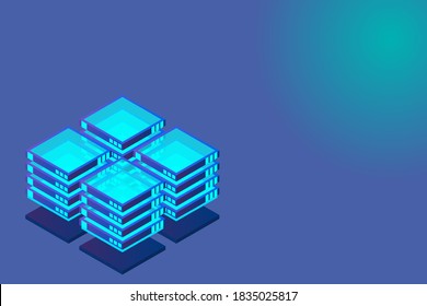 Isometric Digital Technology Web Banner. BIG DATA Machine Learning Algorithmen. Analyse und Information. Management und Analyse von Speicherinformationen für den Big Data Access-Zugriff.