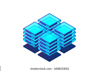 Isometric Digital Technology Web Banner. BIG DATA Machine Learning Algorithms. Analysis and Information. Big Data Access Storage Distribution Information Management and Analysis.